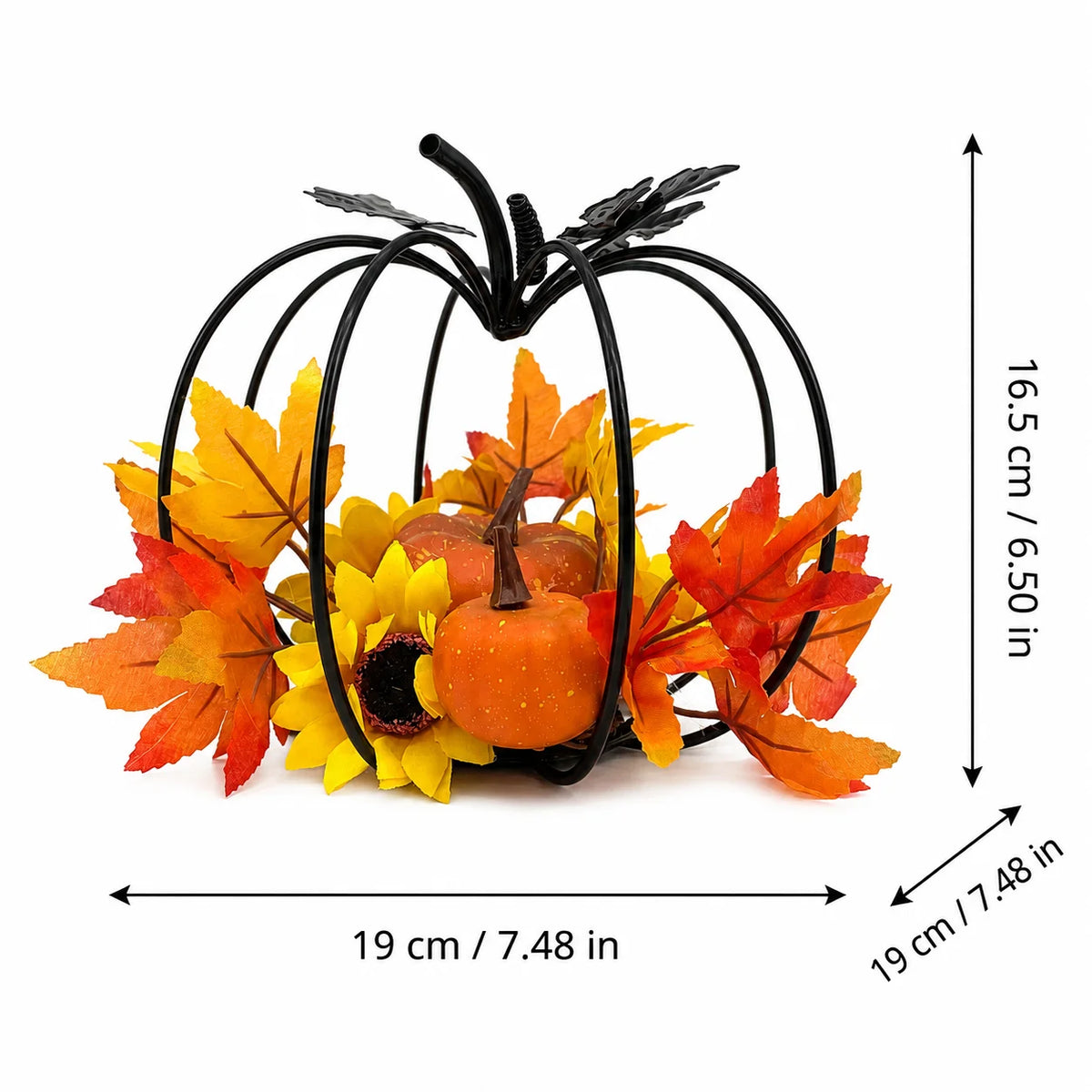 Black Iron Pumpkin Decoration – Autumn Harvest Desktop Decor with Artificial Maple Leaves, Sunflower & Pumpkin Accents for Thanksgiving