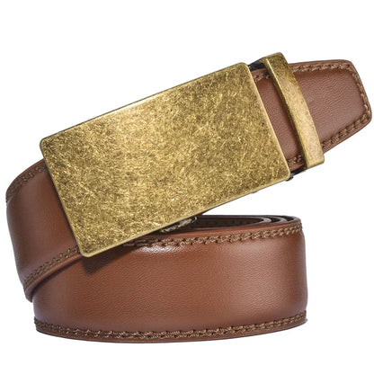 Plyesxale Men's Brown Leather Belt 2026 – Automatic Buckle Vintage Belt for Jeans, Luxury-Style Casual Waist Strap, Ceinture Homme B9