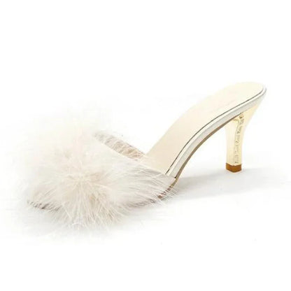 Women’s Feather Fur Peep Toe Mules – Thin High Heel Slip-On Sandals & Slides, Elegant Summer Pumps in Big Sizes