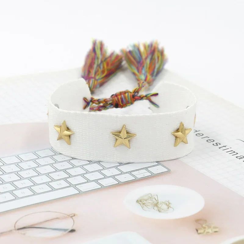 Bohemian Star Tassel Bracelet – Handmade Woven Alloy Gold Rivet Wrist Strap for Women | Ethnic Fashion Jewelry Gift