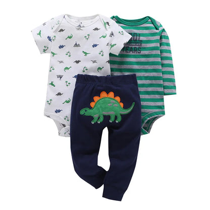 3PCS Baby Bodysuit Set – Soft Cotton Long & Short Sleeve Infant Rompers with Comfortable PP Pants for Baby Boys & Girls