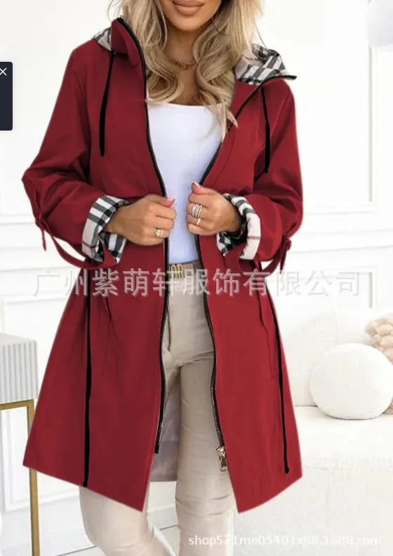 Women’s Hooded Plaid Trench Coat – Long-Sleeve Casual Cardigan Jacket, Solid Color Streetwear Outerwear for Autumn & Winter