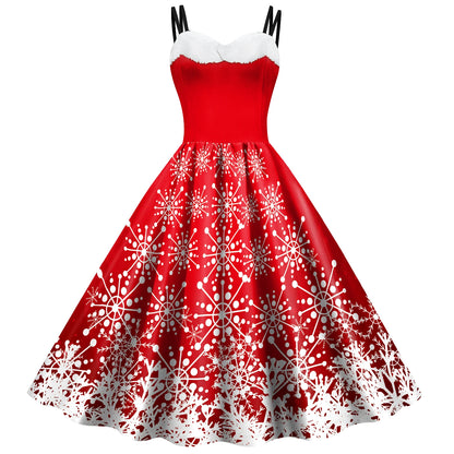 Women's Red Christmas Party Dress with 3D Snowflake Pattern, Vintage Chiffon Suspender Skirt Cosplay Costume, Festive Holiday Dress for Christmas Parties and New Year Celebrations
