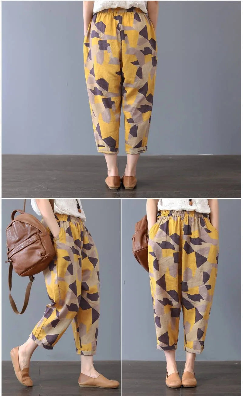 Pantalones Harlan de Verano para Mujer de Lino y Algodón, de Cintura Alta, Sueltos, Delgados, Estampados, Informales, tipo Farol, de Nueve Puntos con Bolsillos