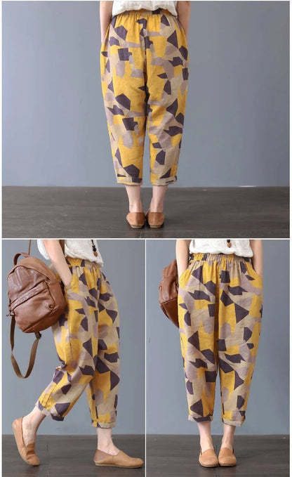 Pantalones Harlan de Verano para Mujer de Lino y Algodón, de Cintura Alta, Sueltos, Delgados, Estampados, Informales, tipo Farol, de Nueve Puntos con Bolsillos
