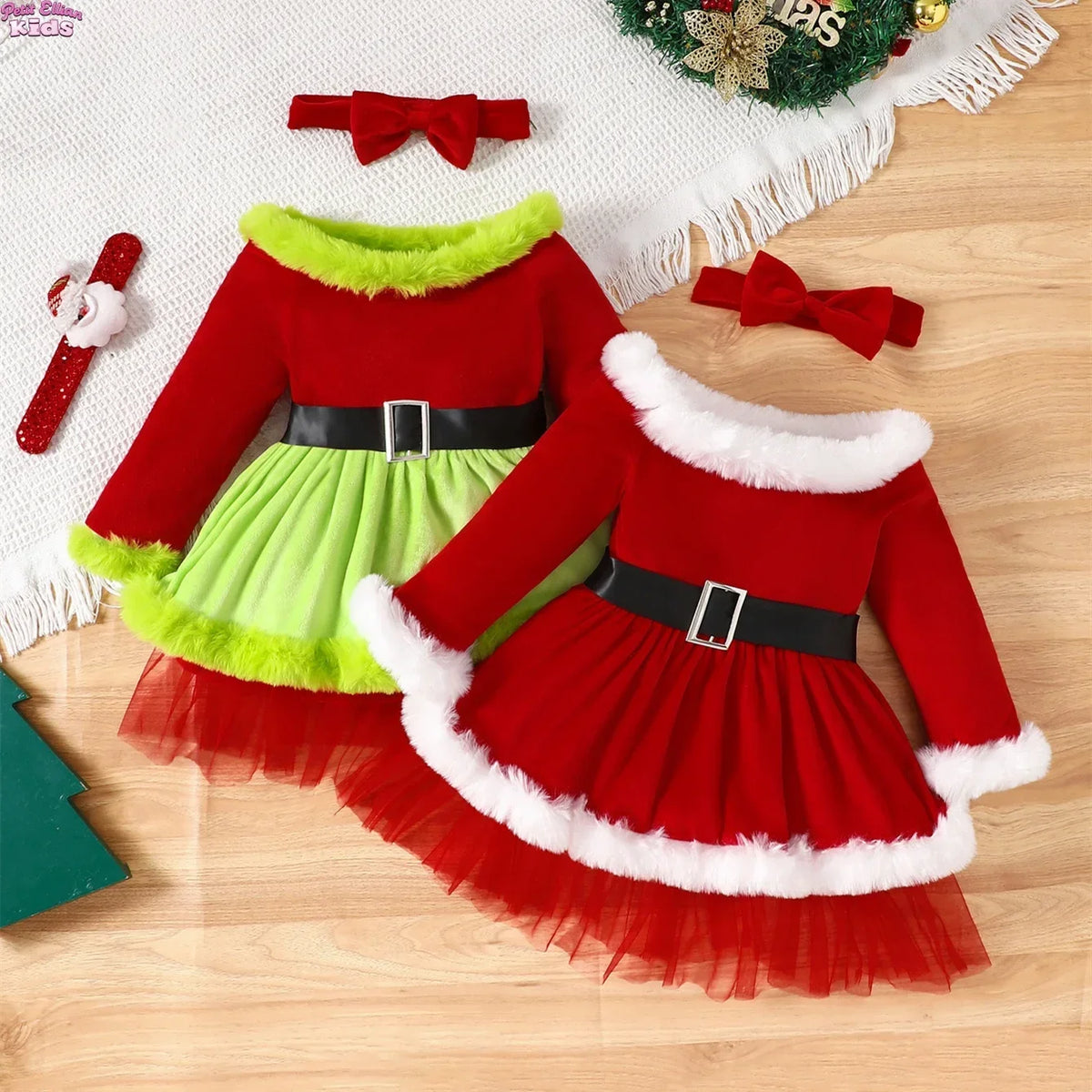 Toddler Girls Christmas Santa Claus Dress, Off-Shoulder Tulle Tutu Party Dress with Matching Headband, Cute Xmas Costume for Girls Ages 1–5 Years, Holiday Parties, Photoshoots and Festive Celebrations