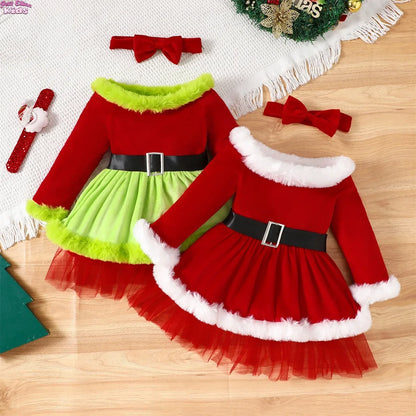 Toddler Girls Christmas Santa Claus Dress, Off-Shoulder Tulle Tutu Party Dress with Matching Headband, Cute Xmas Costume for Girls Ages 1–5 Years, Holiday Parties, Photoshoots and Festive Celebrations