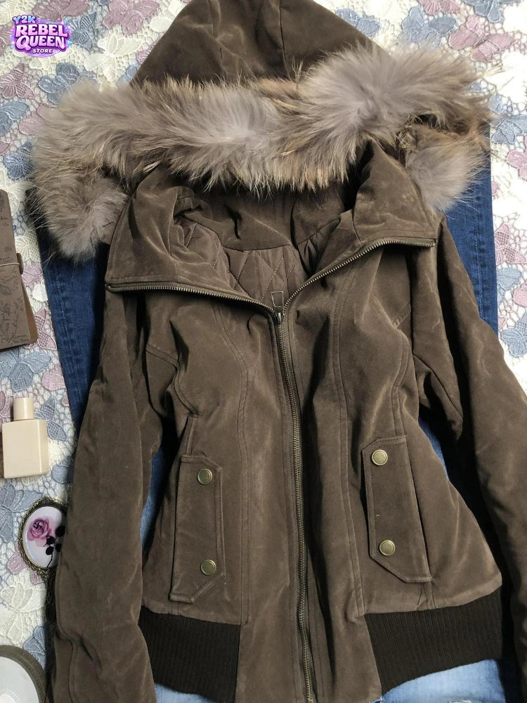 Women’s American Vintage Harajuku Jacket – Brown Fur Collar Hooded Short Coat, Gothic Winter Streetwear & Casual Fashion Outerwear