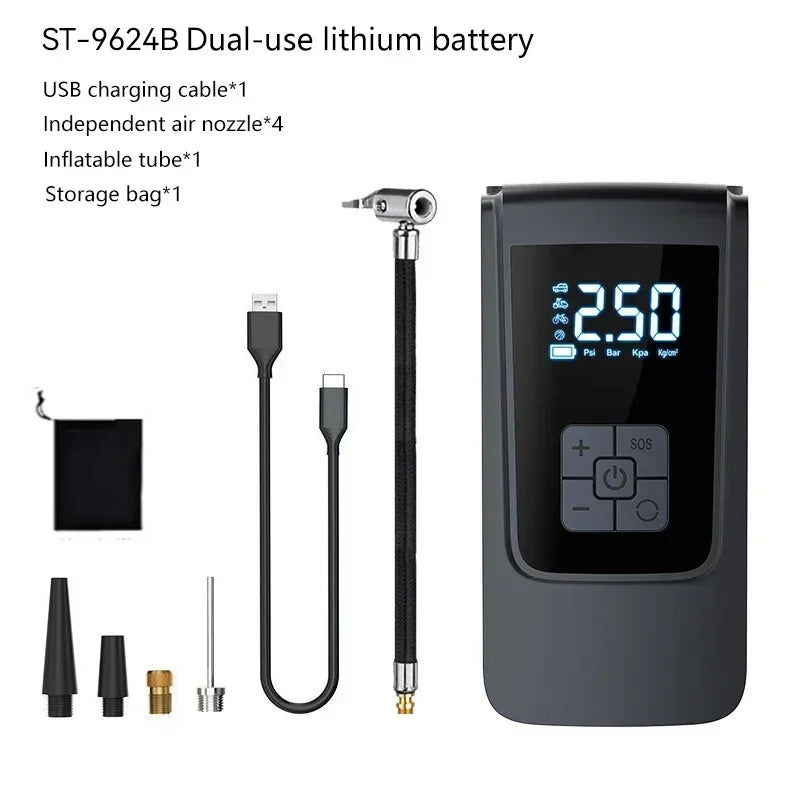 Compresor de aire inalámbrico portátil para inflar neumáticos – Bomba de aire eléctrica digital LCD para coches, motocicletas, bicicletas y balones deportivos