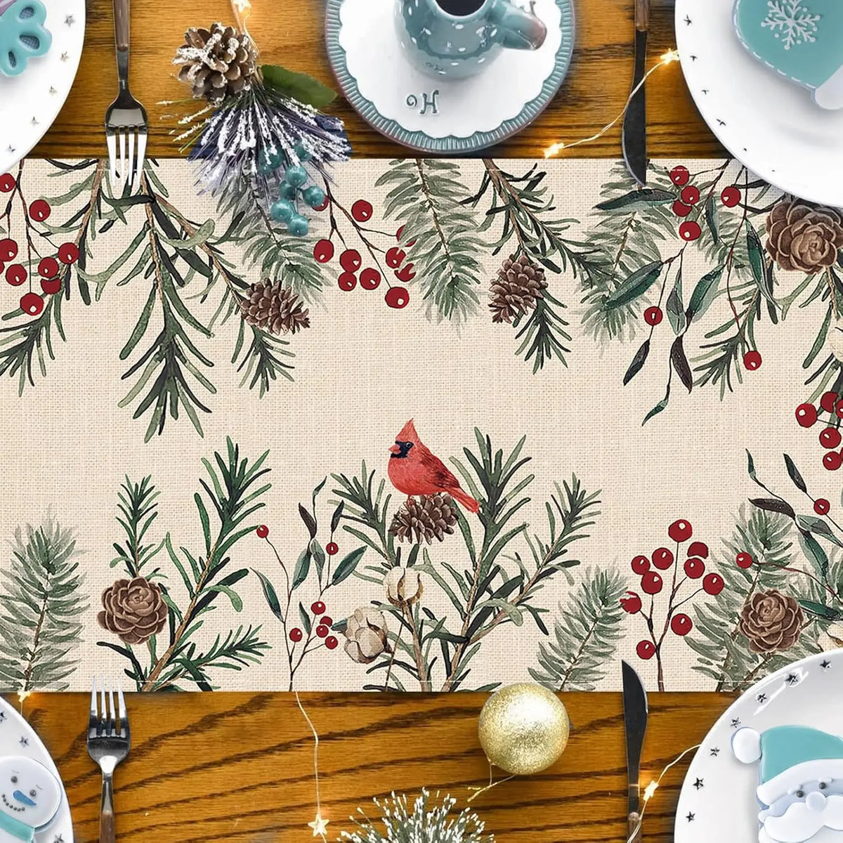 Christmas Pine Needle Linen Table Runner – Red Cardinal Bird & Winter Branch Design for Farmhouse Kitchen, Dining Table & Holiday Decor