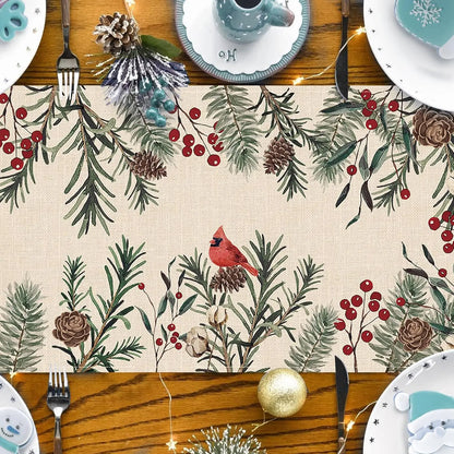 Christmas Pine Needle Linen Table Runner – Red Cardinal Bird & Winter Branch Design for Farmhouse Kitchen, Dining Table & Holiday Decor