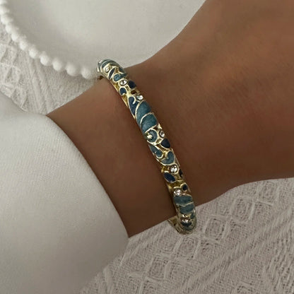 Elegante pulsera de esmalte de flores con circonitas – Pulsera retro chapada en oro con ojo turco floral para mujer | Joyería de moda para fiesta