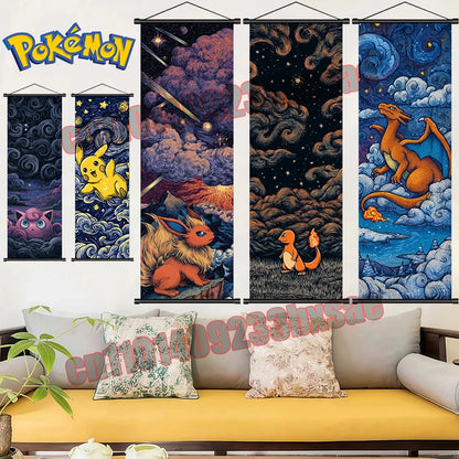 Pokémon Anime Wall Poster – Gengar Eevee Pikachu Scroll Painting Retro Canvas Artwork for Home Decor