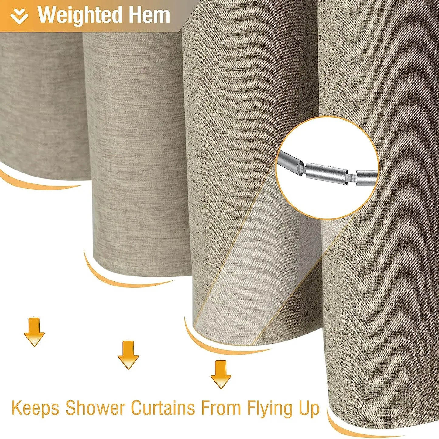 Cortina de ducha de lino de lujo – Cortina de baño de tela impermeable con ganchos de metal