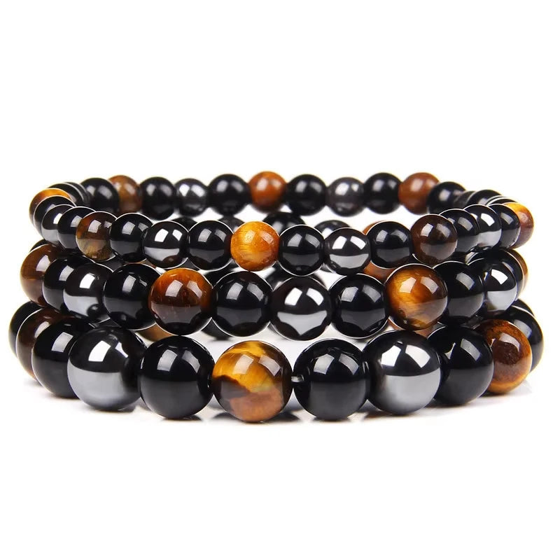 Bracelet de perles en obsidienne noire naturelle, hématite et œil de tigre – Bracelet en pierres naturelles pour homme, protection, énergie et accessoire de mode