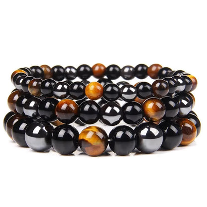 Bracelet de perles en obsidienne noire naturelle, hématite et œil de tigre – Bracelet en pierres naturelles pour homme, protection, énergie et accessoire de mode