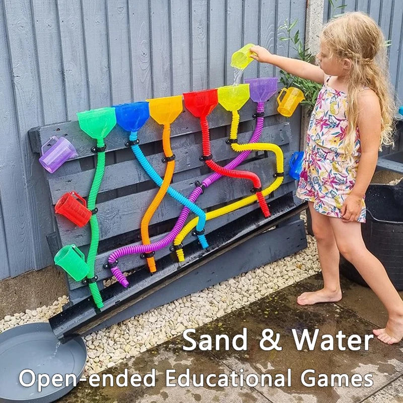 Kit de jeu sensoriel Montessori sable et eau – Jouet d'apprentissage STEM ouvert avec gobelets doseurs arc-en-ciel, entonnoirs, pelles, pinces et tuyaux, jouet d'activité créative en extérieur pour enfants