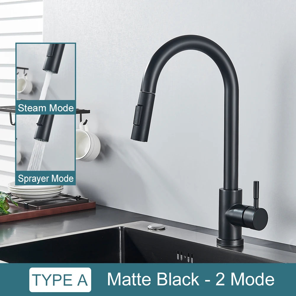 Black Kitchen Faucet – Single-Handle Pull-Out Mixer Tap with 2-Function Spray, Hot & Cold Water, Deck-Mounted Sink Faucet