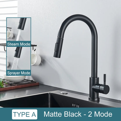 Black Kitchen Faucet – Single-Handle Pull-Out Mixer Tap with 2-Function Spray, Hot & Cold Water, Deck-Mounted Sink Faucet