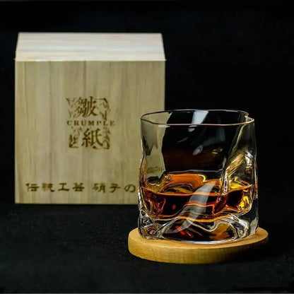 Japanese Edo Designer Whiskey Glass – Irregular Crumple Paper Shape Crystal Faceted Rock Glass for Whiskey, Wine & Bar Drinkware