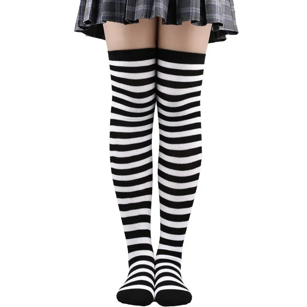 Thigh High Socks Women Over Knee Striped Polka Dot Stockings Black White Pink Lolita Cosplay Harajuku Y2K Kawaii