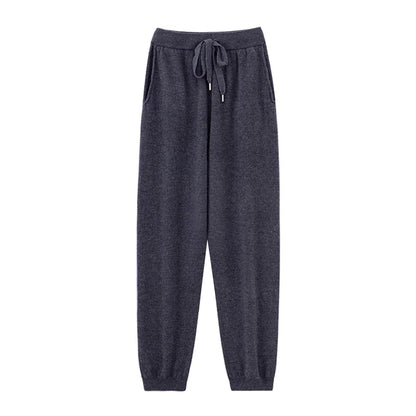 Pantalones de cachemir 100 % pura lana para mujer, de punto, sueltos, de cintura alta, con puños, para otoño e invierno, de corte recto y ajustado