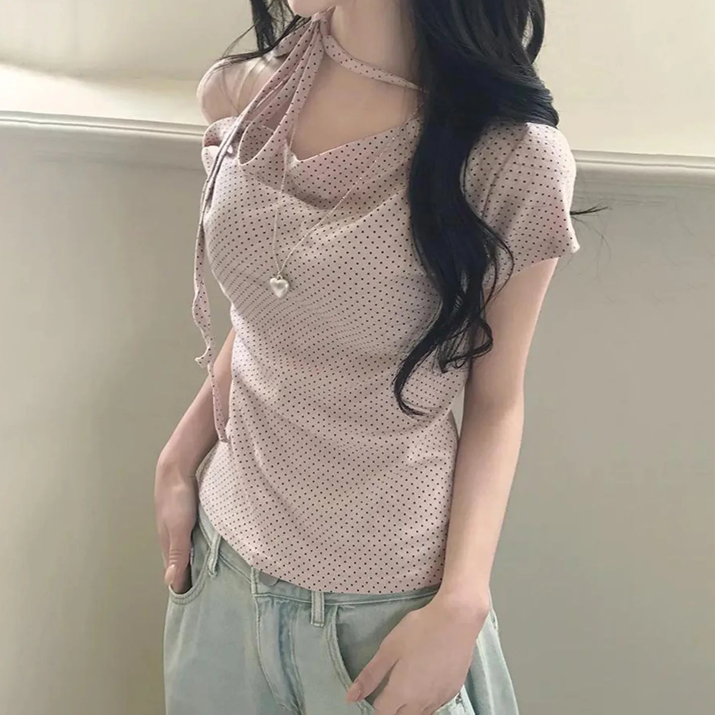 Women’s Sweet Polka Dot One Shoulder T-Shirt Korean Style Slim Fit Summer Casual Office Top