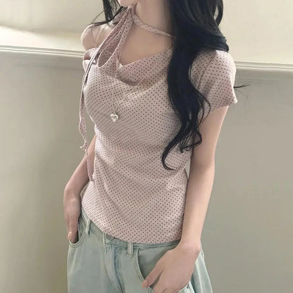 Women’s Sweet Polka Dot One Shoulder T-Shirt Korean Style Slim Fit Summer Casual Office Top