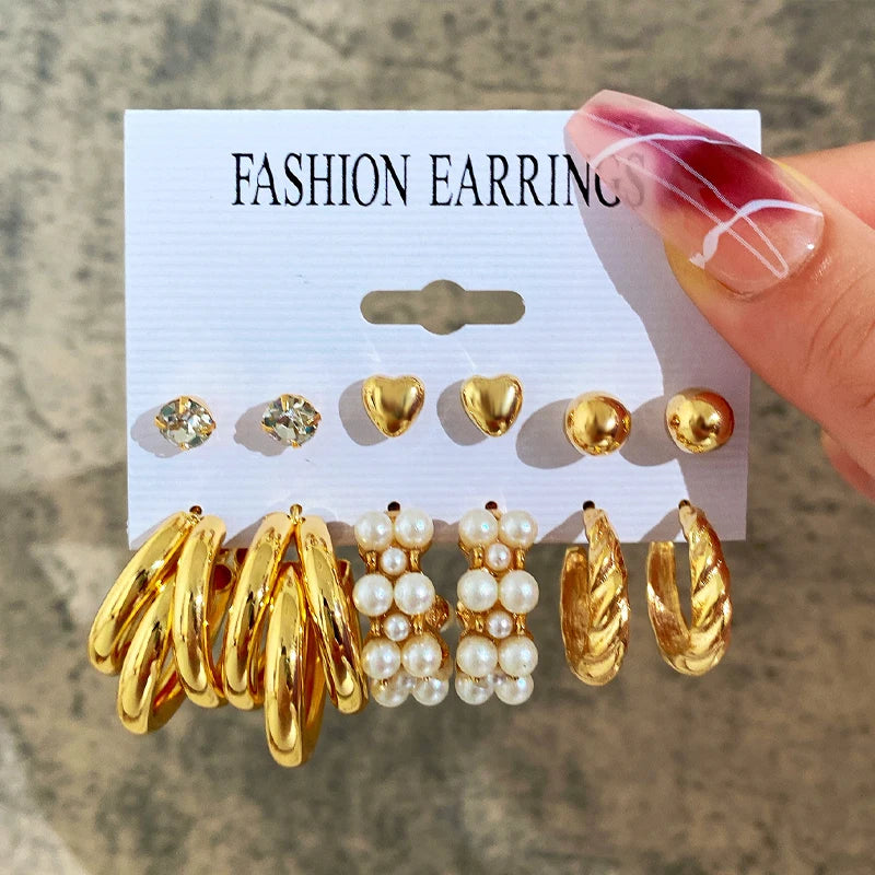 Boucles d'oreilles créoles dorées grand cercle pour femmes, ensemble bohème vintage, perle, cœur, zircon, clous, bijoux cadeau