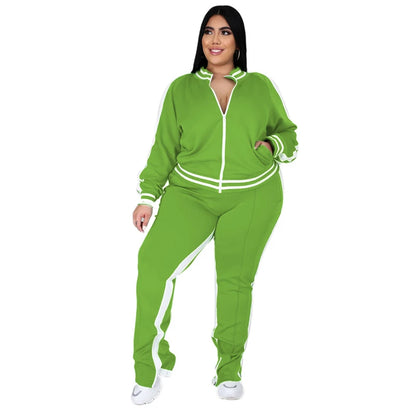 Plus Size L-5XL Women's 2-Piece Sweatsuit Set – Zip-Up Striped Top & Slit Jogger Sweatpants, Casual Matching Outfit for Everyday Wear