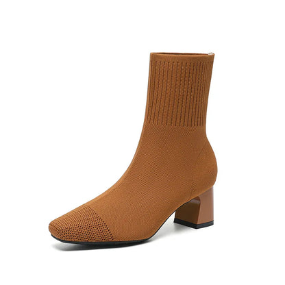 Women's Knitted Sock Boots – Pointed Toe High Heel Mid-Calf Boots, Stretch Fabric Slip-On Design for Spring & Autumn, Plus Size 43