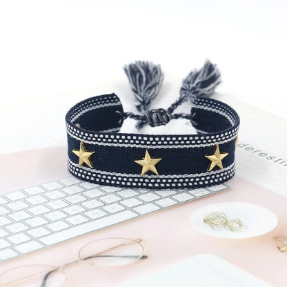 Bohemian Star Tassel Bracelet – Handmade Woven Alloy Gold Rivet Wrist Strap for Women | Ethnic Fashion Jewelry Gift