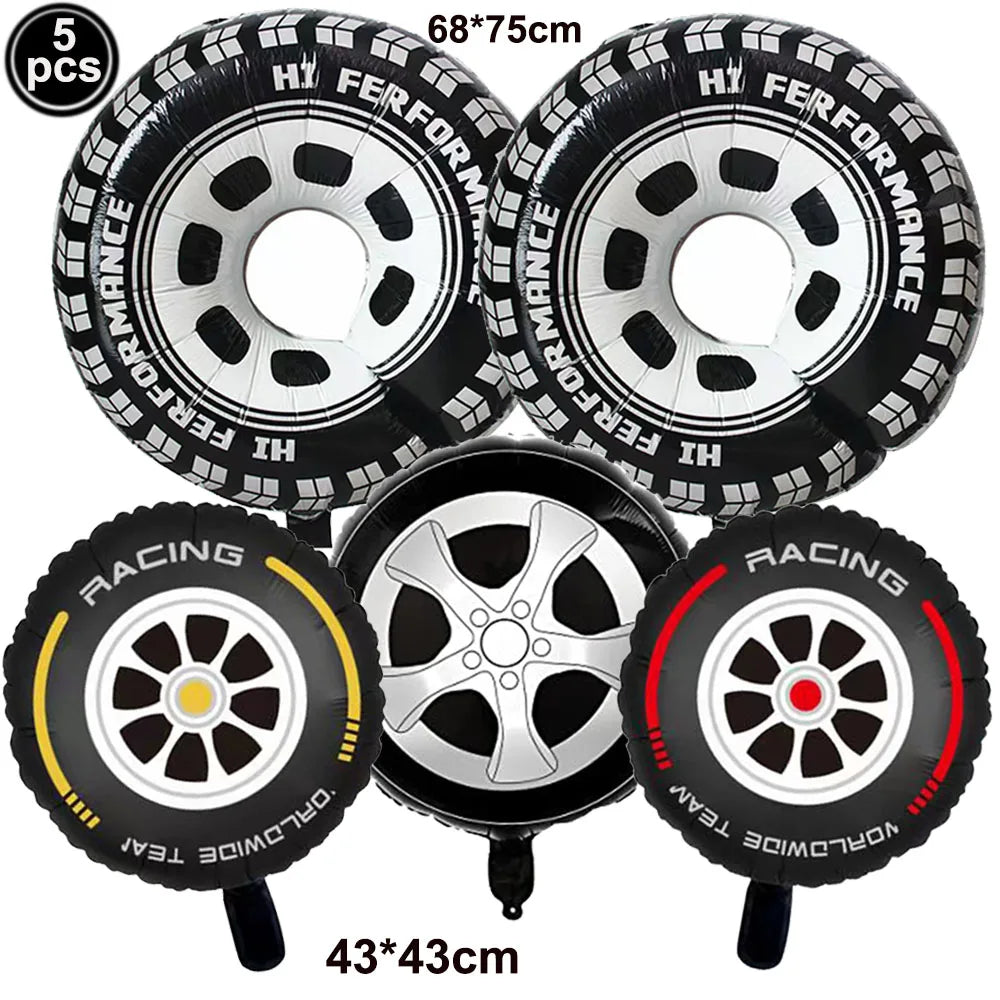 Racing Car Birthday Party Decorations – Race Car, Tire Wheel, Traffic Cone & Checkered Balloons for Kids' Racing-Themed Parties