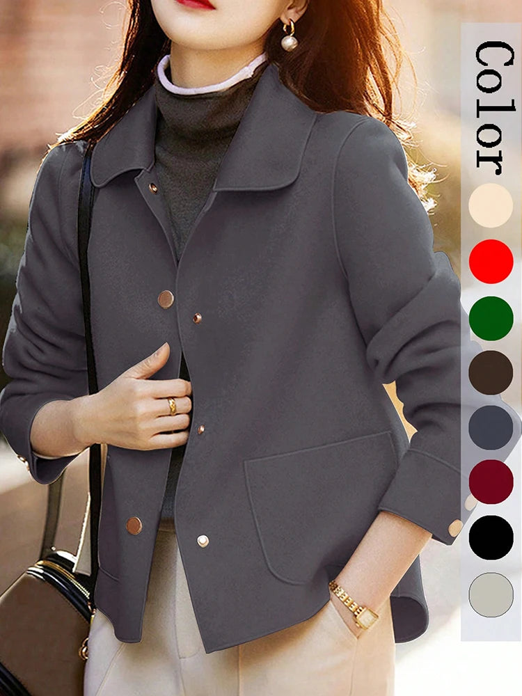 Women’s Classic Short Wool Coat – Solid Color Button-Up Jacket, Warm Autumn & Winter Fashion Outerwear