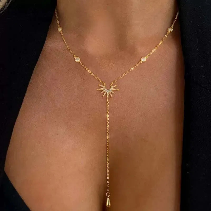 Collar con colgante de borla en Y de circonita cúbica de acero inoxidable – Gargantilla larga elegante para mujeres y niñas | Regalo de joyería de moda