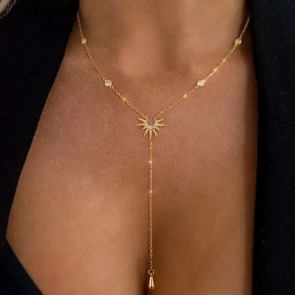 Collar con colgante de borla en Y de circonita cúbica de acero inoxidable – Gargantilla larga elegante para mujeres y niñas | Regalo de joyería de moda