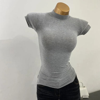 Half High Collar Korean T-Shirt – Transparent Short Sleeve Slim Fit Elastic Inner Top, Solid Color Bottoming Shirt for Women, Stylish Layering & Fashion Casual Wear