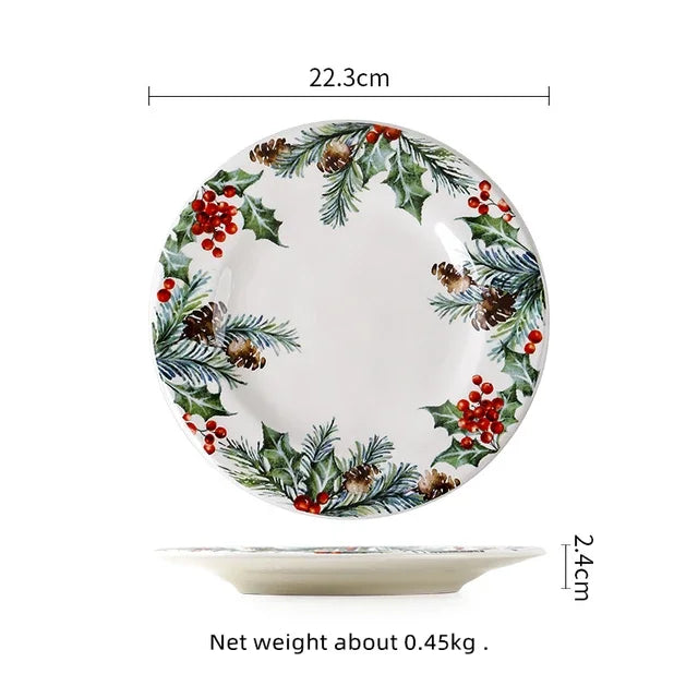 Christmas Ceramic Dinner Plate Set – Round Underglaze Flat Plates for Dim Sum, Sushi, Dining & Decorative Tableware