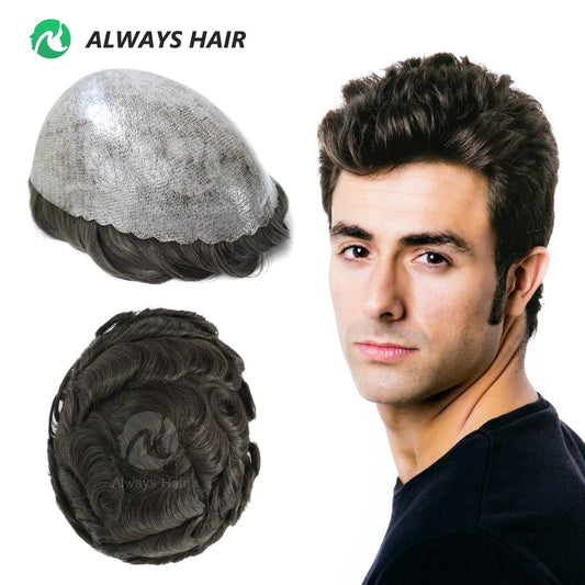 0.12-0.14mm PU Skin Hombres Peluquín – Peluca de Sistema Capilar de Cabello Humano Indio de Grosor Completo | Reemplazo de Cabello Natural con 130% de Densidad