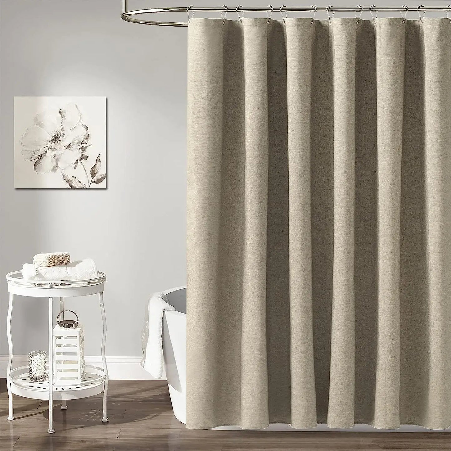 Cortina de ducha de lino de lujo – Cortina de baño de tela impermeable con ganchos de metal