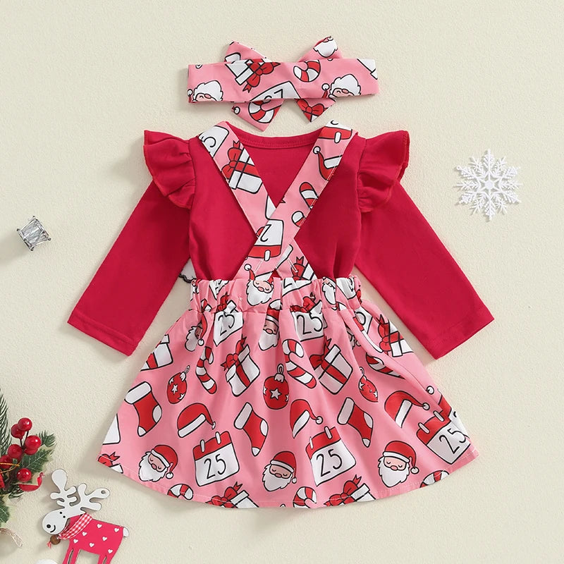 Baby Girl Christmas Outfit Set – Ruffle Long-Sleeve Romper with Santa, Gingerbread & Striped Suspender Skirt, Headband