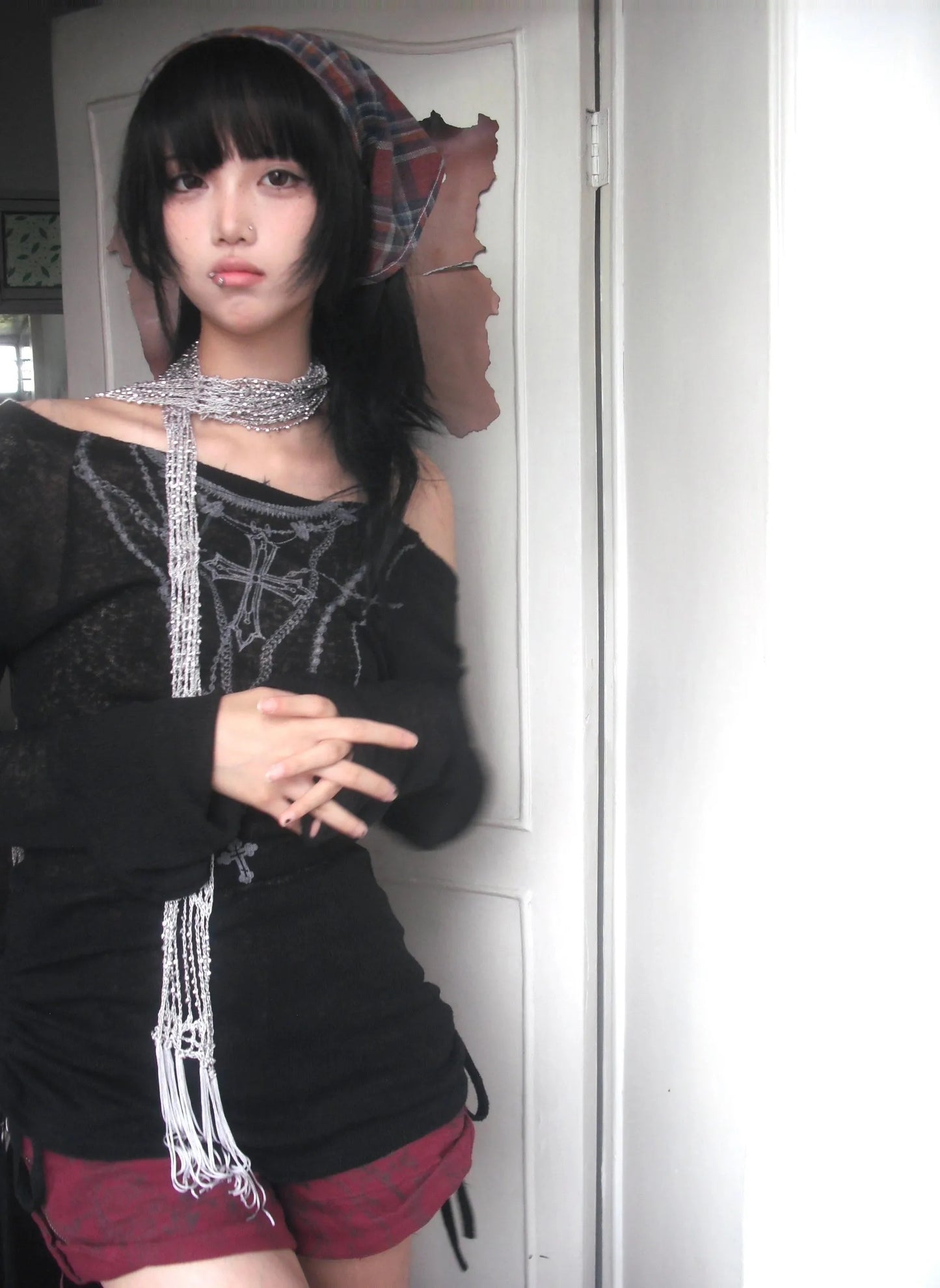 Karrram Japanese Y2K Knitted Top Grunge Tattoo Print Long Sleeve Ribbed Vintage Harajuku 2000s Gothic T-Shirt
