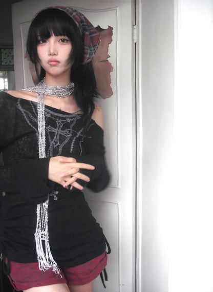 Karrram Japanese Y2K Knitted Top Grunge Tattoo Print Long Sleeve Ribbed Vintage Harajuku 2000s Gothic T-Shirt
