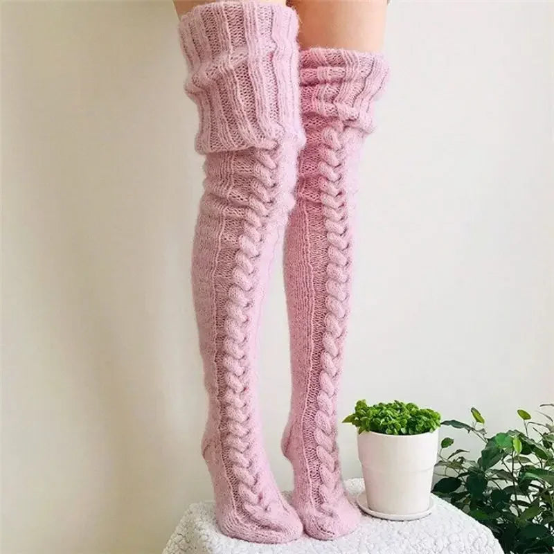 Women’s Winter Over-the-Knee Leg Warmers – Twist Knit Long Knee-High Stacked Socks, Warm Wool-Style Fashion Socks