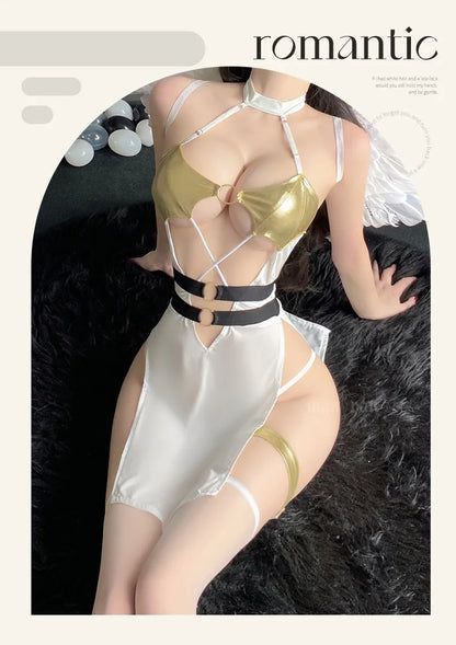 Woman Character Angel Role Play Costume – Japanese Anime Kimono Slit Elf Goddess Dress COS Uniform Set