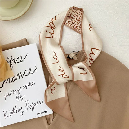 Khaki Nude Silk Scarf Hair Band – Vintage Satin Ribbon Bow Hair Accessory for Women | Elegant Fashion Hair Tie