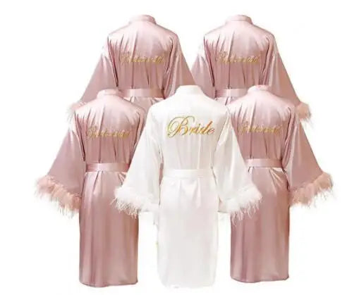 Bata de satén de plumas para mujer – Kimono de novia, dama de honor, boda, albornoz con cuello en V, camisón, lencería