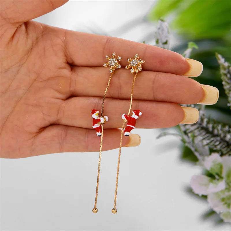 Asymmetric Snowflake & Snowman Christmas Drop Earrings for Women – Moving Santa Long Tassel Dangle Party Jewelry & Holiday Gift