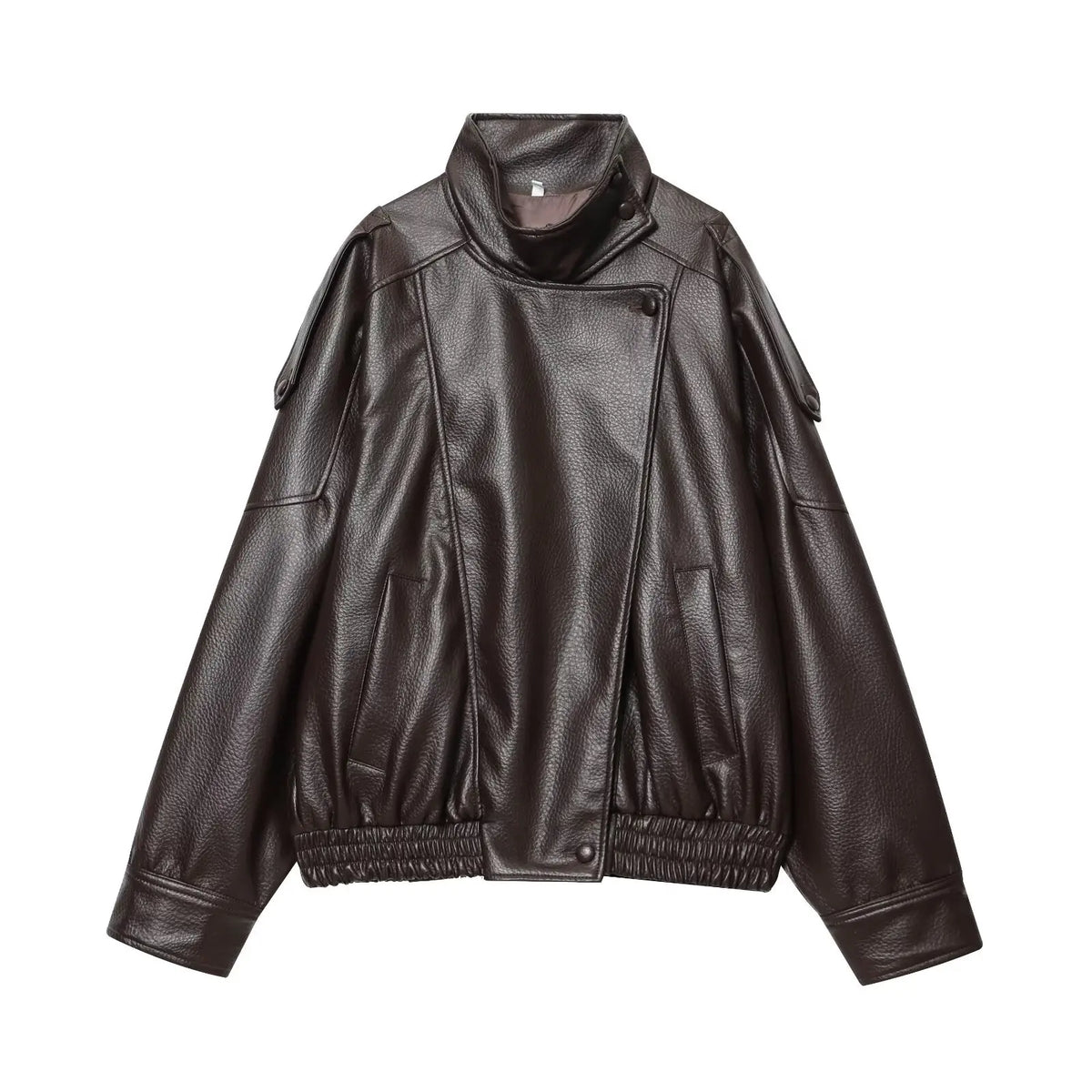 TFMLN Women’s Black Faux Leather Jacket – Oversized Long-Sleeve Button-Up Coat, Elastic-Fit Fashion Outerwear for Autumn & Winter Streetwear