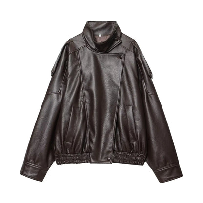 TFMLN Women’s Black Faux Leather Jacket – Oversized Long-Sleeve Button-Up Coat, Elastic-Fit Fashion Outerwear for Autumn & Winter Streetwear